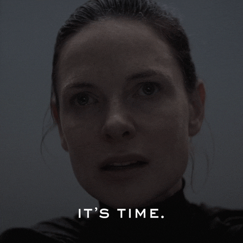 Movie gif. Rebecca Ferguson as Lady Jessica in Dune looks sickly and gaunt and she looks at us with a serious expression as she says, “It’s time.”