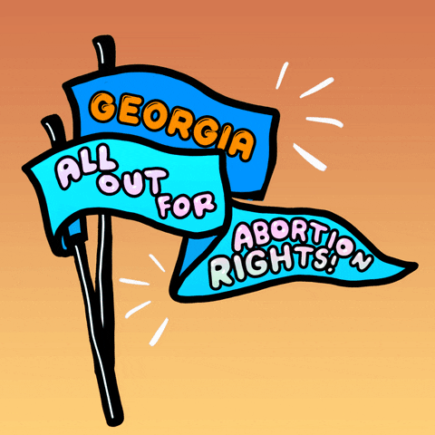 Digital art gif. Two pennants wiggle slightly against a peach and yellow background. The first pennant says, “Georgia.” The second says, “All out for abortion rights!”