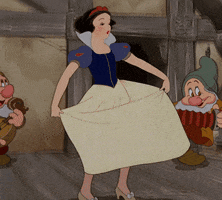 Disney gif. Snow White dancing and twirling her skirt in a cottage with the dwarves, who also dance and play instruments.