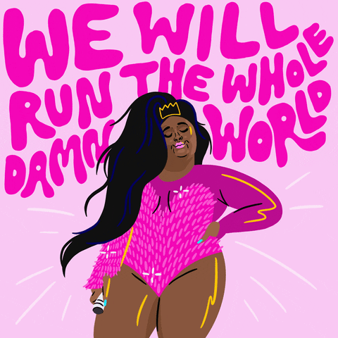 Digital art gif. Illustrated sparkling Lizzo over light pink background holds one hand on her hip while the other rests a microphone on her leg. She looks up confidently, wearing a gold crown on her head. Text, “We will run the whole damn world.”
