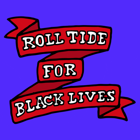 Illustrated gif. Red banner with text on it rolls out and then spreads out. Text, “Roll ride for Black Lives.”