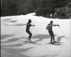 Video gif. Two skiers wearing similar outfits ski in sync with each other, making quick turns side to side and using their poles for support.