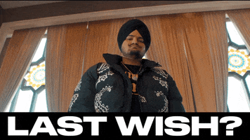 Music video gif. Sidhu Moose Wala in Burberry looking down at us as he holds up a gun and points it at us. Text, "Last wish?"