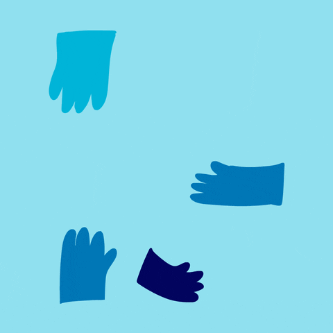 Digital art gif. Four blue cartoon hands snake across a blue background to form the number nineteen.