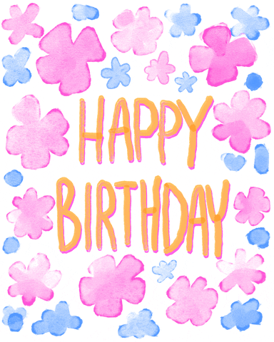 Text gif. Orange watercolor script wiggles against a background of dancing blue and pink stars. Text, "Happy Birthday!"