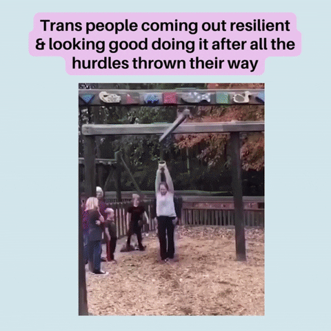 Video gif. Text reads, "Trans people coming out resilient and looking good doing it after all the hurdles thrown their way." Below is a compilation of clips of people in one shot and in the second shot, jumping back up confidently.