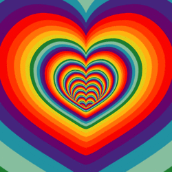 Cartoon gif. A rainbow-striped heart-shaped tunnel unfurls toward the camera implying infinite motion. 