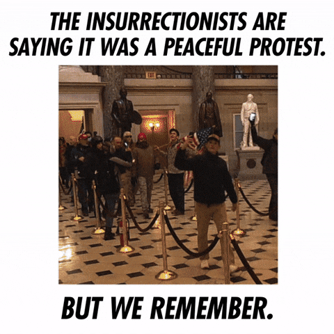 Digital art gif. Photos of the January sixth insurrection flash on the screen, surrounded by large black text that says, "The insurrectionists are saying it was a peaceful protest. But we remember."