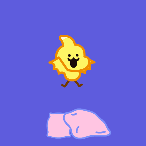 Cartoon gif. A floating yellow Dino Sally pterodactyl-like character yawns and drops down onto a pillow and blanket and goes to sleep. Yellow bubble text appears against a blue background: "Good night." 