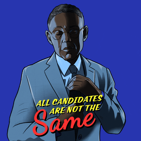Breaking Bad gif. Blinking illustration of Gus Fring adjusting his necktie against a right blue background. Text, “All candidates are not the same.”
