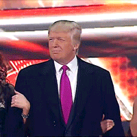Political gif. In front of a large flashing sign, a smug Donald Trump walks toward us with his arms around two women: one in a short black dress, the other in a sequined pink dress.