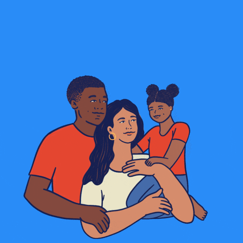 Illustrated gif. Family of three wrap their arms around each other in front of a sky blue background. Text, "The American Rescue Plan helped families thrive."