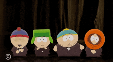 South Park gif. Stan, Kyle, Kenny, and Cartman are dressed in brown suits on a curtained stage and clapping intensely, except for Kyle whose arms are crossed.