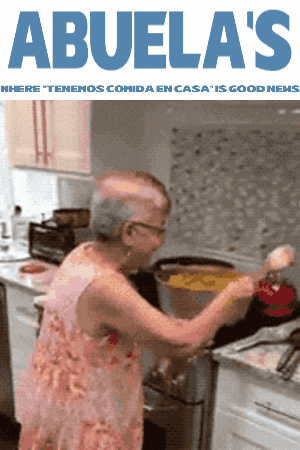 Video gif. Grandmother dances as she stirs a giant pot of food on a stovetop. Text, “Abuela’s. Where ‘Tenenos comida en casa’ is good news.”