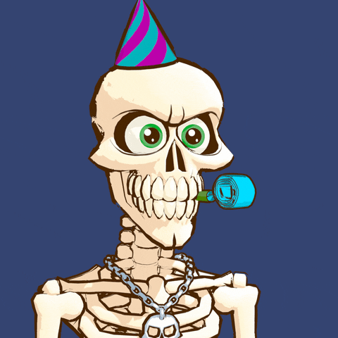 Digital illustration gif. Skeleton with bright green eyes wears a party hat and a silver skeleton chain. It looks off with a stern expression then blows a party horn and holds up its hands, making the rock and roll symbol as it smiles at us. The background is dark blue. 