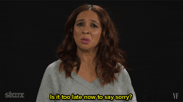 Celebrity gif. Maya Rudolph quotes Justin Bieber's song with full empathy as she says, "Is it too late now to say sorry?"