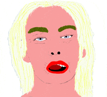 Illustrated gif. A blonde woman with green eyebrows licks her teeth at us, seductively.