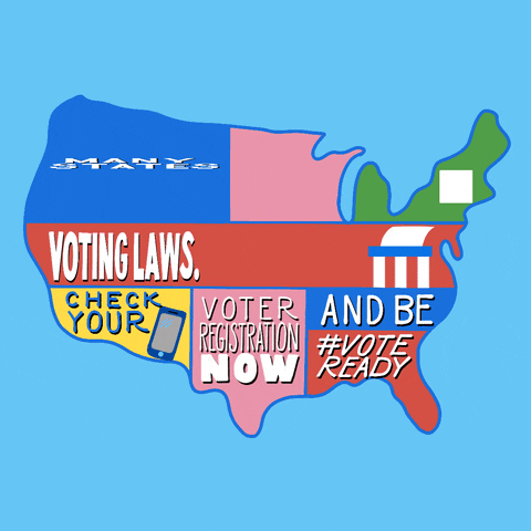 Digital art gif. United States split into eight colorful segments against a light blue background. Next to an animated ballot moving into a ballot box and a red checkmark reads the text, “Many states have changed voting laws. Check your voter registration now and be #voteready.”