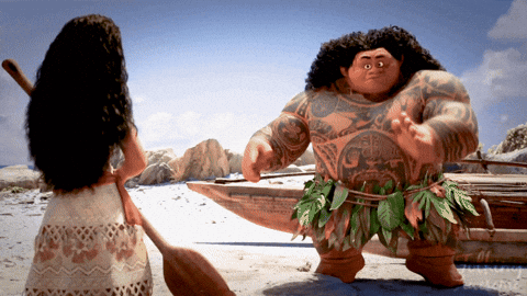 Disney gif. Moana watches Maui dance, slapping his body, and moving his legs in and out. He then jumps on the boat and says, โWhat can I say except youโre welcome.โ