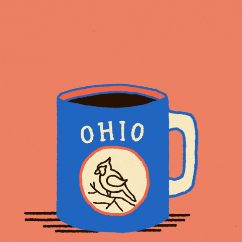 Digital art gif. Blue mug full of coffee featuring a cardinal labeled “Ohio” rests over an orange background. Steam rising from the mug reveals the message, “Vote early.”