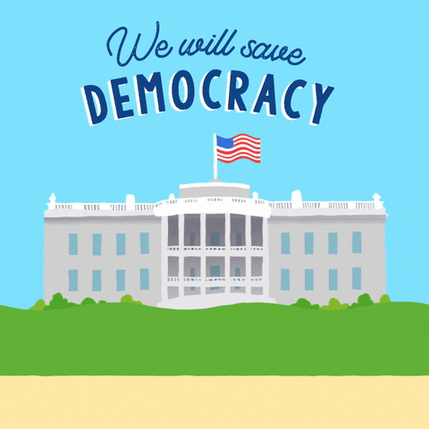 Illustrated gif. American flag flutters on the roof of the White House as grass rolls in waves below. Navy text on a baby blue background, "We will save democracy."