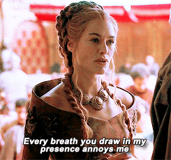TV gif. With a stern look, Lena Headey as Cersei in Game of Thrones says, “Every breath you draw in my presence annoys me.”