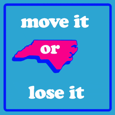 Digital art gif. Five colorful hands over a blue background reach out to the shape of North Carolina and push it forward, flanked by the text, “Move it or lose it.” The text changes to “Reproductive rights are on the ballot.”