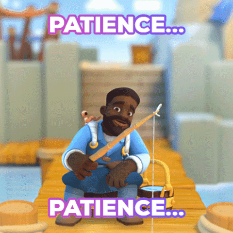 Video game gif. A man from the game Everdale sits in overalls and fishes off a dock. Text, "Patience...patience..."