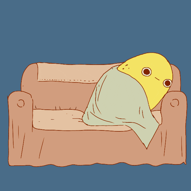 An animated gif illustration that shows a cute potatoe lying on a couch covered in a blanket. Its smart phone is pulled out from under the blanket to start scrolling. It looks cozy.