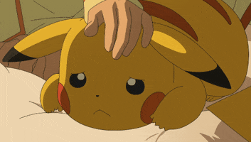 Pokemon gif. A sleepy Pikachu blinks and then closes his eyes, falling asleep as someone pats his head.