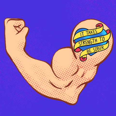 Digital art gif. Animation of a comic book-style arm, flexing its large bicep muscle. On the upper bicep is a colorful heart tattoo with the text, "It takes strength to be sober," all against a blue background.