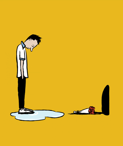 Illustrated gif. Man stands with hands in pockets and head bowed forward, standing in a puddle of his own tears, in front of a black gravestone where a bouquet of flowers lays.
