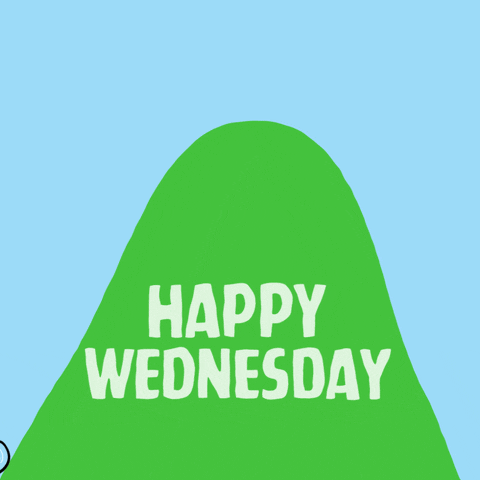 Digital art gif. A man rides a bicycle up a very steep green hill and pauses at the peak before speeding downhill. Text on the hill reads, "Happy Wednesday."