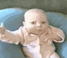 Video gif. An interested baby with a surprised look brings their hand to their chin. Text, “O RLY?”