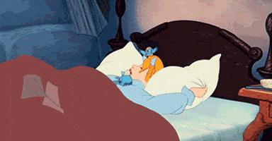 Disney gif. Cinderella is sleeping in bed as blue jays gather around her face. She rises, lifting the pillow with her head, and turns over to flop face forward.