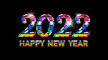 Text gif. Against a black background, "2022" and "happy new year" are printed in sparkling rainbow, all caps letters.