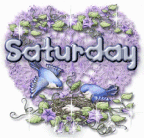 Digital illustration gif. Two blue birds look down into a wicker nest with tiny white eggs surrounded by purple flowers and twinkling stars that form a heart shape against a white background. Text, "Saturday."
