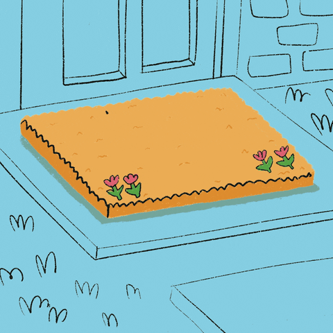Text gif. Classic straw doormat with little flowers sits in front of a blue door, and an inscription appears, reading "Home, sweet, energy-efficient home."