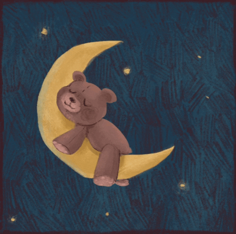Illustrated gif. A teddy bear sleeping with a smile on a rocking crescent moon. Their stuffed arms and legs dangle off the sides of the moon. Distant stars glisten in the peaceful night sky. 