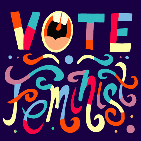 Digital art gif. Stylized colorful text against a navy blue background reads, “Vote Feminist.” The “O” in vote opens to reveal a yelling mouth.