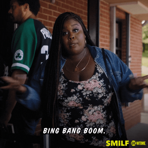 A woman saying BING BANG BOOM.