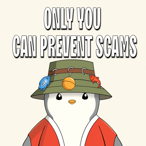Penguine in fishing hat pointing at camera with words above his head that say, ONLY YOU CAN PREVENT SCAMS.
