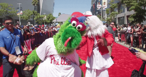 A GIF of the Phillie Phanatic, the mascot for the Philadelphia Phillies, at an MLB All-Star Game.