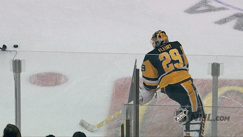 GIF of NHL ice hockey goaltender Marc-Andre Fleury smiling and waving, reflecting optimism for his future after an illustrious career.