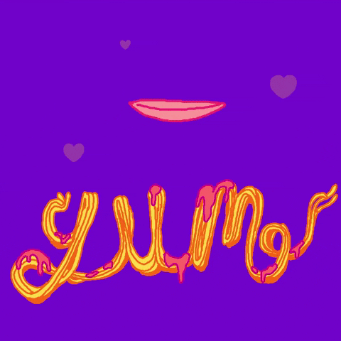 Text gif. An illustrated mouth slurps a noodle from the word "yum," which is made of yellow cursive spaghetti noodles against a purple background.