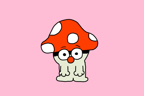 Illustrated gif. Little character that has the head of a red and white spotted mushroom looks at us with wide eyes. They tilt their head to the side and a question mark appears above their head.