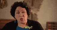 Celebrity gif. Sonia Sotomayor raises her eyebrows and asks, “Why?”