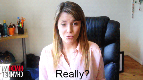 Video gif. Youtuber Grace Helbig looks shocked as she says, "Really?" then pans to another angle of her saying, "Seriously?"
