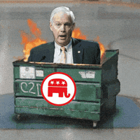 Political gif. Senator Ron Johnson emerges from a raging dumpster fire. The dumpster is stamped with a red and white elephant.