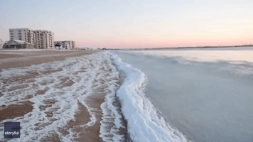 Icy Waves Crash Into Old Orchard Beach Shore in Maine